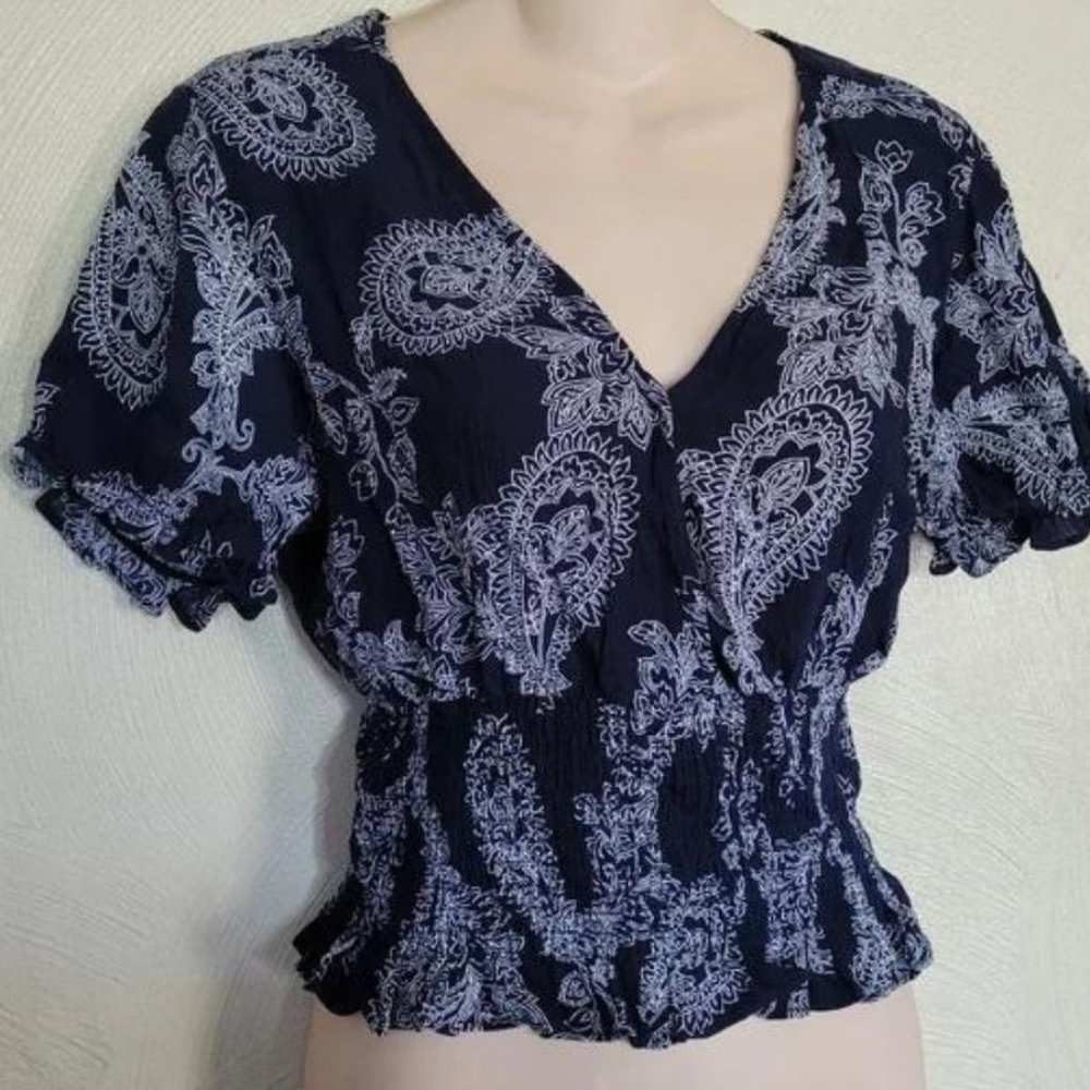 New Paper Crane Classic Navy Paisley Print Flutter Sleeve Blouse